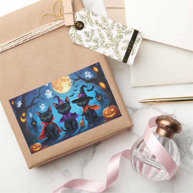 Sticker Rectangulaire Chats noirs Citrouille Halloween drôle (Cadeaux)