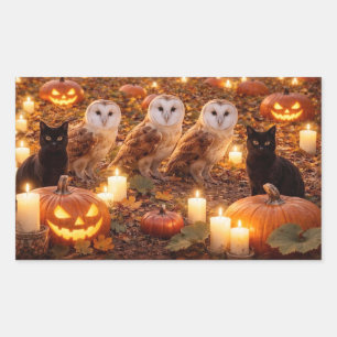 Sticker Rectangulaire Chats noirs de Halloween, hiboux, citrouilles, bou