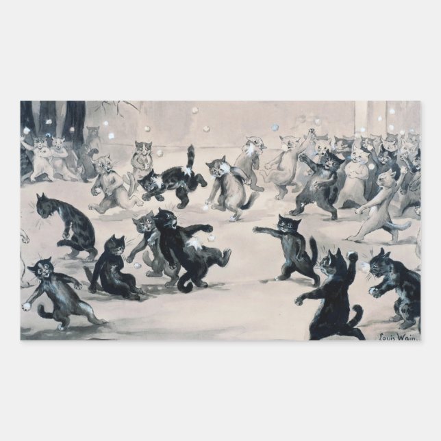 Sticker Rectangulaire Chats Snowball Combat, Louis Wain (Devant)