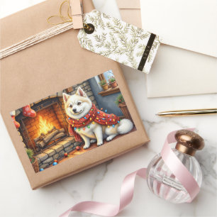 Sticker Rectangulaire Cheminée American Eskimo avec lumières de Noël