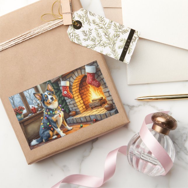 Sticker Rectangulaire Cheminée Blue Heeler avec lumières de Noël (Cadeaux)