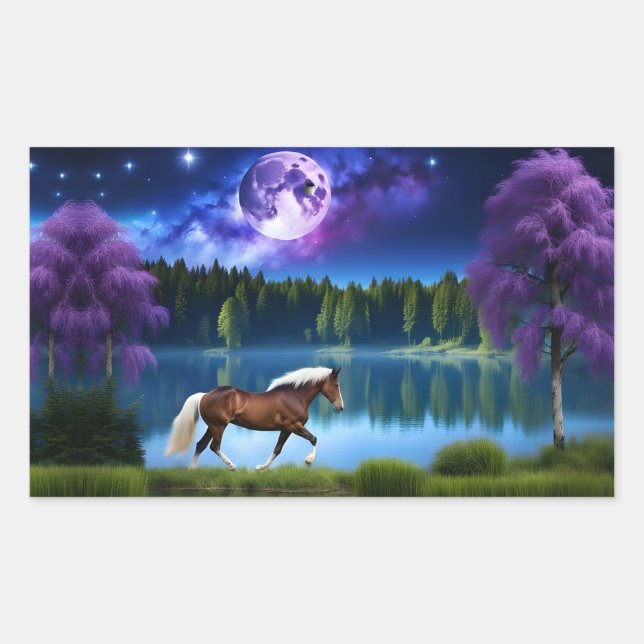 Sticker Rectangulaire Cheval belge Palomino sous ciel étoilé violet (Devant)