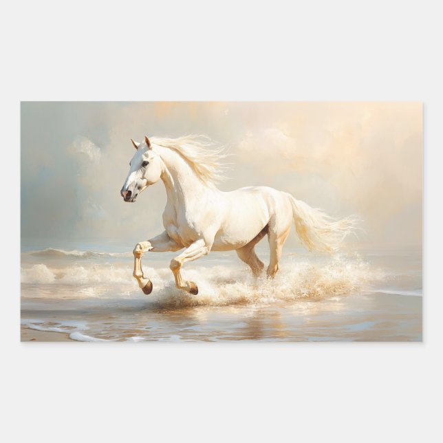 Sticker Rectangulaire Cheval Blanc courir sur la plage (Devant)
