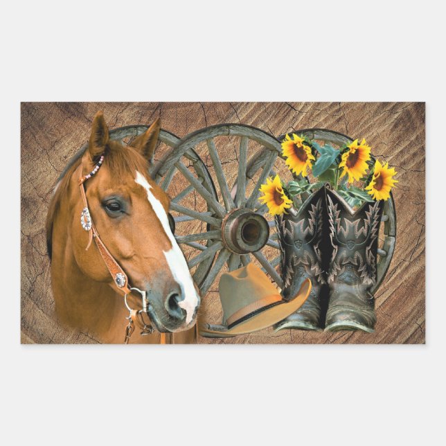 Sticker Rectangulaire Cheval Cowboy Boots Wagon Wheels Sunflowers Wester (Devant)