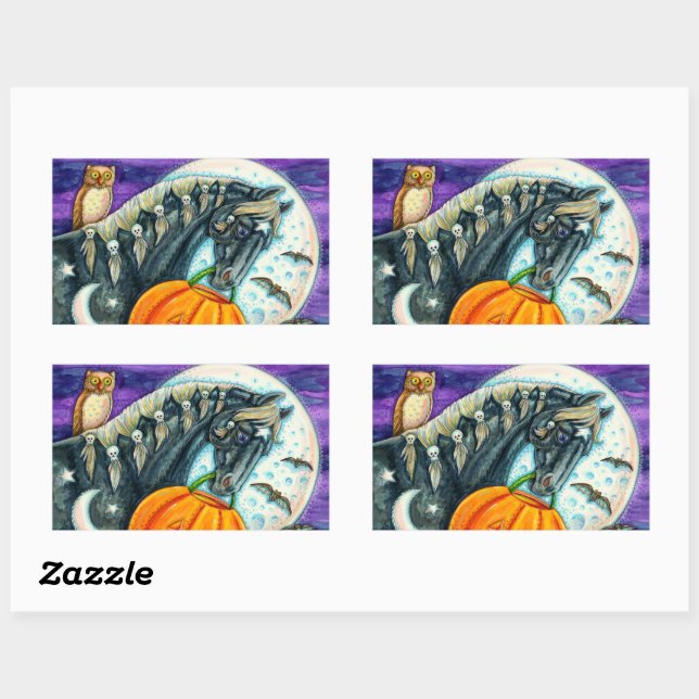 STICKER RECTANGULAIRE CHEVAL MAGIQUE NOIR, OWL, JACK-O'-LANTERN & SKULLS (Feuille)