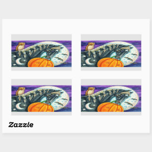 STICKER RECTANGULAIRE CHEVAL MAGIQUE NOIR, OWL, JACK-O'-LANTERN & SKULLS