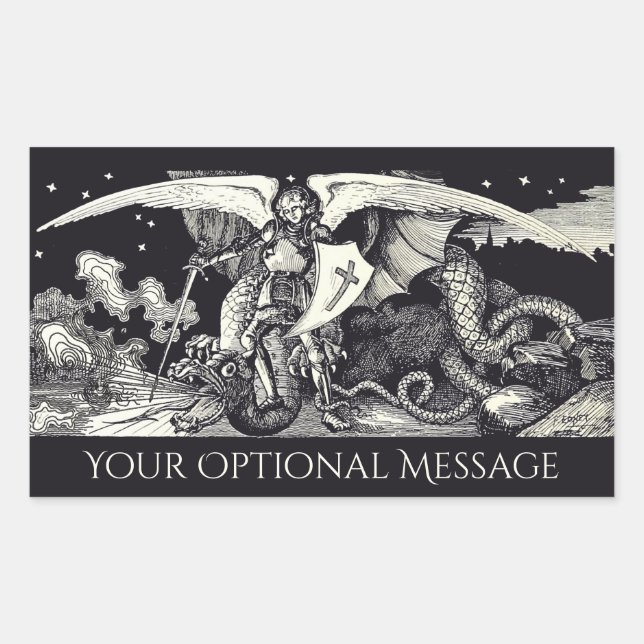 Sticker Rectangulaire Chevalier médiéval et dragon noir et blanc (Devant)