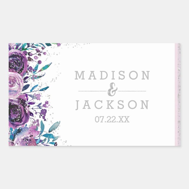 Sticker Rectangulaire Chic violet floral et Mariage argenté (Devant)