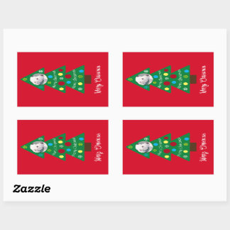 Sticker Rectangulaire Chien blanc mignon Coloré Arbre de Noël Rouge