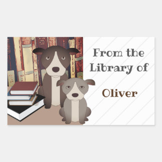STICKER RECTANGULAIRE CHIEN DE BIBLIOTHÈQUE.  LIVRES.  CHIENS MIGNONS. N