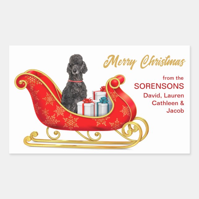Sticker Rectangulaire Chien de caniche noir Sleigh de Noël (Devant)