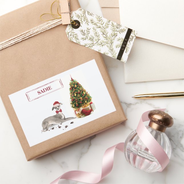 Sticker Rectangulaire Chien de Noël italien Greyhound avec arbre (Cadeaux)