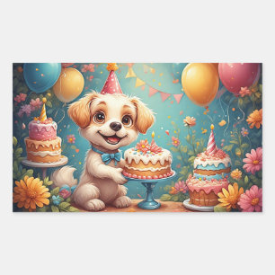 Sticker Rectangulaire Chien Joyeux Célébrant un Anniversaire de Fête