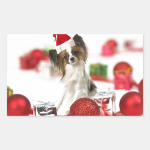 Sticker Rectangulaire Chien Papillon Mignon Chapeau de Noël Santa