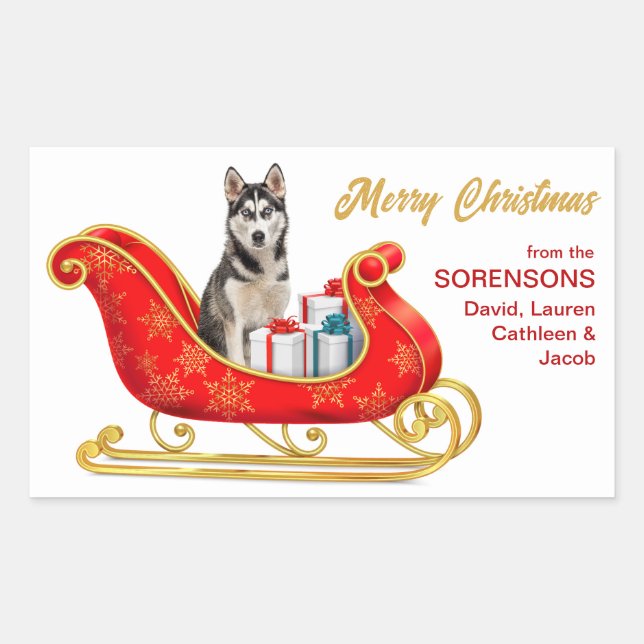 Sticker Rectangulaire Chien sibérien Husky de Noël Sleigh (Devant)