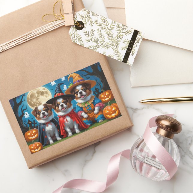 Sticker Rectangulaire Chiens Chin Japonais Citrouille Halloween drôle (Cadeaux)