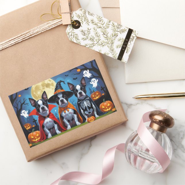 Sticker Rectangulaire Chiens de Boston Terrier Citrouille Halloween Funn (Cadeaux)