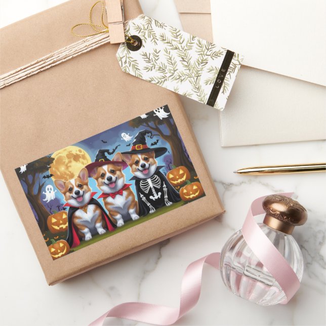 Sticker Rectangulaire Chiens de Corgi Citrouille Halloween Funny (Cadeaux)