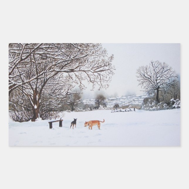 Sticker Rectangulaire chiens de noël paysage atmosphérique scène de neig (Devant)