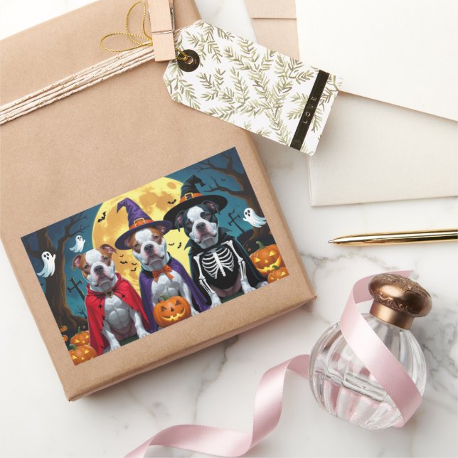 Sticker Rectangulaire Chiens de Pitbull Citrouille Halloween drôle (Cadeaux)