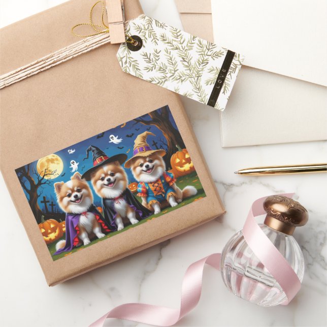 Sticker Rectangulaire Chiens de Poméranie Citrouille Halloween Funny (Cadeaux)