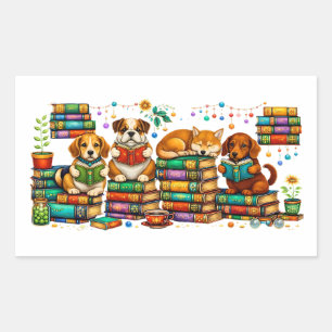 Sticker Rectangulaire Chiens lisant des livres Scène de bibliothèque cos