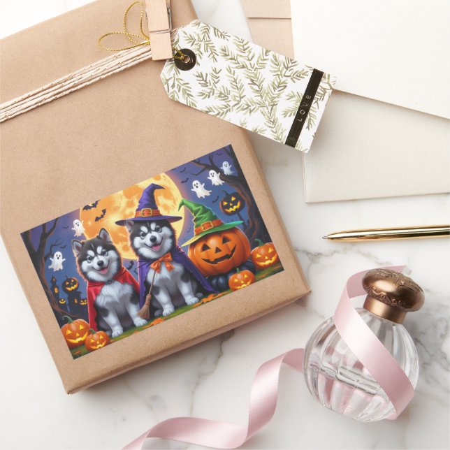 Sticker Rectangulaire Chiens malamuts de l'Alaska Citrouille Halloween d (Cadeaux)
