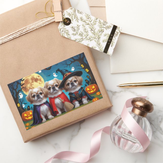 Sticker Rectangulaire Chiens Pekingese Citrouille Halloween drôle (Cadeaux)