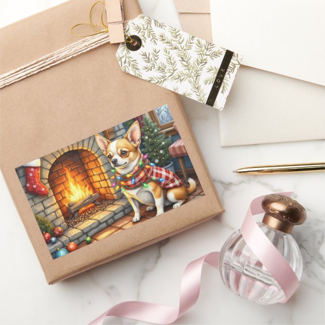 Sticker Rectangulaire Chihuahua Assis Devant une Cheminée avec des Lumiè (Cadeaux)