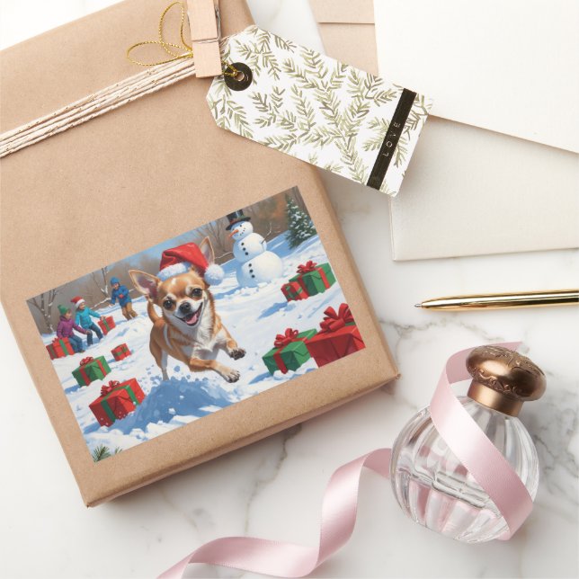 Sticker Rectangulaire Chihuahua coule en neige avec le Casquette de Noël (Cadeaux)