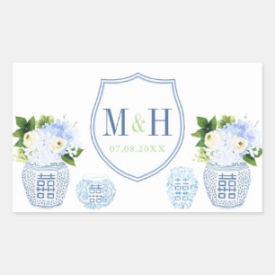 Sticker Rectangulaire Chinoiserie Chic Bleu & Blanc Mariage Crest Favori