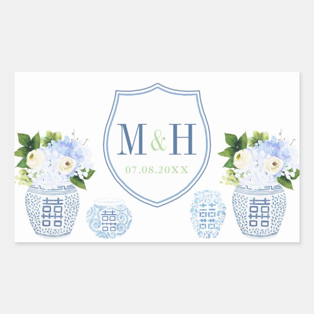 Sticker Rectangulaire Chinoiserie Chic Bleu & Blanc Mariage Crest Favori (Devant)