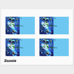 Sticker Rectangulaire Chouette Abstraite lunaire bleu vert floral