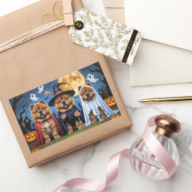 Sticker Rectangulaire Chow Chow Chien Citrouille Halloween drôle (Cadeaux)