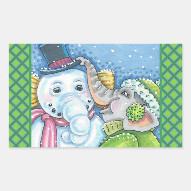 STICKER RECTANGULAIRE CHRISTMAS ÉLÉPHANT CONSTRUCTION CUTE PACHYDERM SNO (Devant)