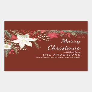Sticker Rectangulaire Christmas Poinsettia & Pine Foliing Adresse de ret