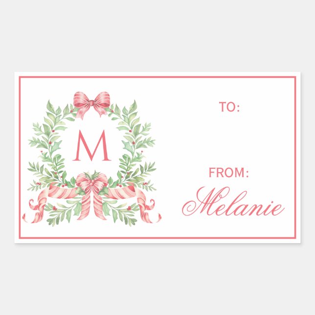 Sticker Rectangulaire Christmas Wreath w/ Bow | Monogram (Devant)