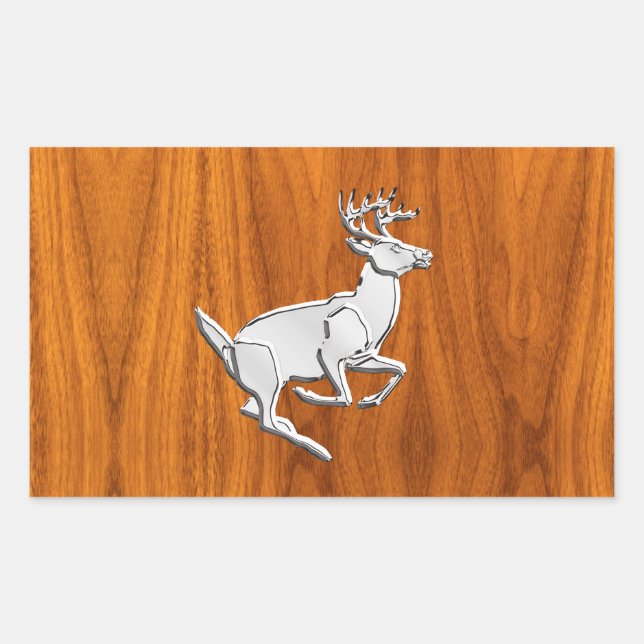 Sticker Rectangulaire Chrome Cerf en Course sur une Impression de Teck F (Devant)