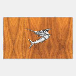 Sticker Rectangulaire Chrome Marlin sur bois de teck