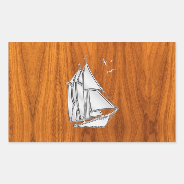 Sticker Rectangulaire Chromes Silver like Sailboat on Teak Veneer (Devant)