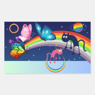 Sticker Rectangulaire Ciel nocturne, deux chats, papillons et un arc-en-