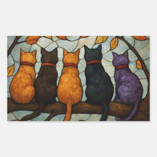 Sticker Rectangulaire Cinq chats sur une branche d'arbre de style vitrai