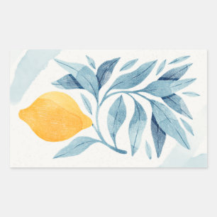 Sticker Rectangulaire Citron avec illustration botanique feuille bleue