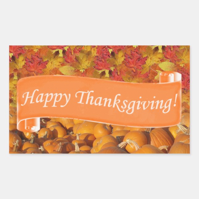 Sticker Rectangulaire Citrouille bon thanksgiving et feuilles d'automne (Devant)