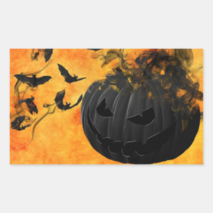 Sticker Rectangulaire Citrouille noire effrayante et chauves-souris Soir