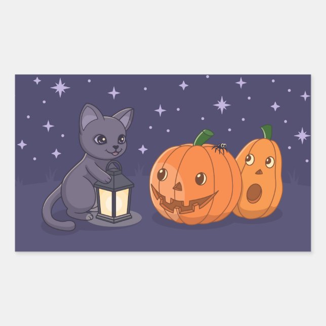 Sticker Rectangulaire Citrouilles Lanterne Chat Noir Halloween Violet (Devant)