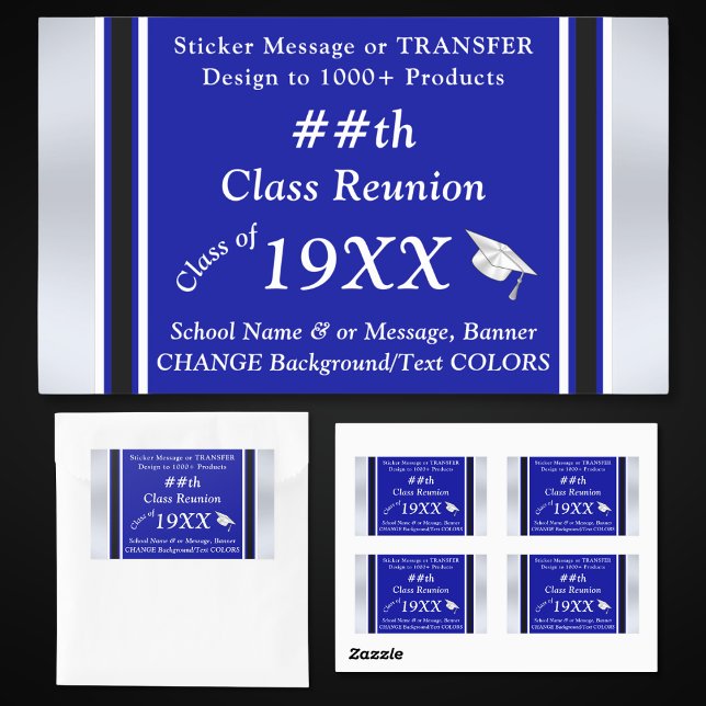 Sticker Rectangulaire Classe Reunion Stickers, CHANGER DE COULEURS, Réun (Class Reunion Stickers. Class Reunion Party Supplies. Royal Blue, Black and White, Reunion Stickers.)