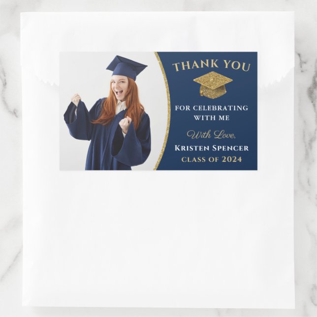 Sticker Rectangulaire Classic Blue Gold Photo Merci de graduation (Sac)