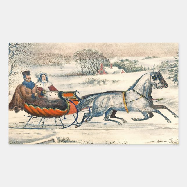 Sticker Rectangulaire Classique 1853 Traîneau Currier Ives Route Hiver (Devant)