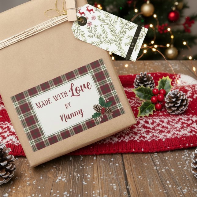 Sticker Rectangulaire Classique Plaid de Noël Fait avec amour par (Classic Plaid Christmas Made with love by Rectangular Sticker)